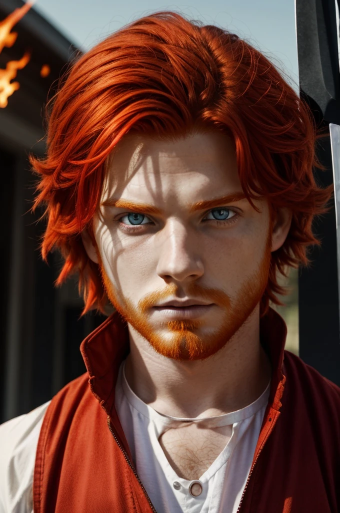 Fiery red haired boy with swords
(schizophrenia) (psychopath) (white right eye) (red left eye)