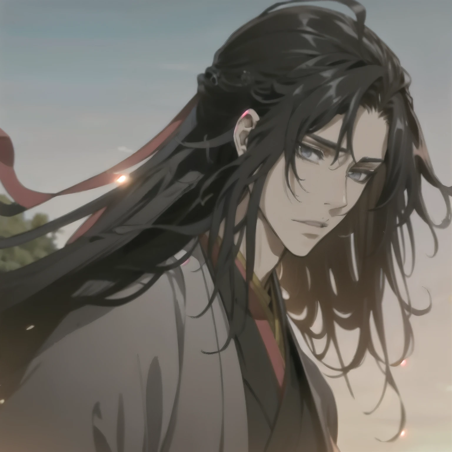 (masterpiece, best quality:1.2), 1male, solo, wei wuxian, mo dao zu shi, mdzs, black clothes, grey eyes, long black hair, perfect anatomy
