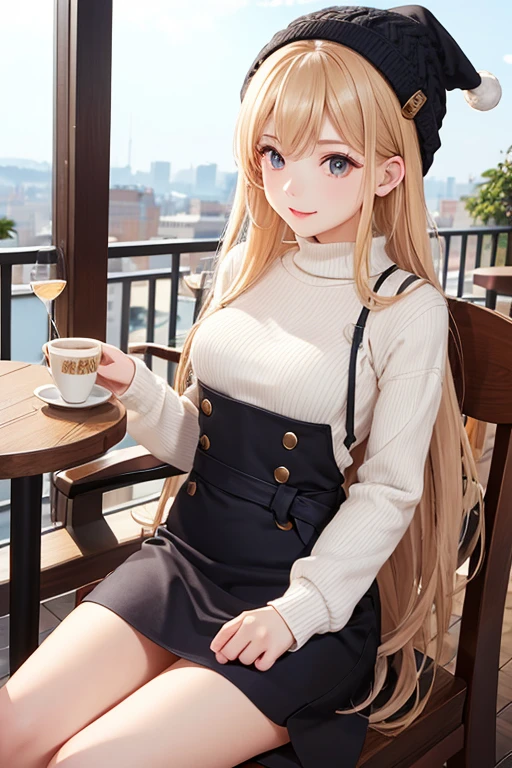 Highest quality、masterpiece、High sensitivity、High resolution、Detailed Description、Slender women、Slim Body、Knitted hat、Cafe Terrace、