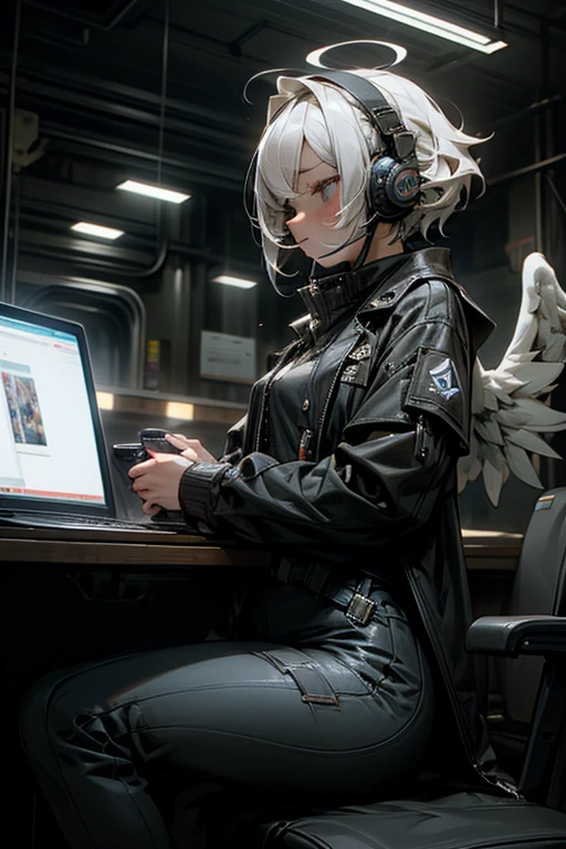 anime style, super fine illustration, highly detailed, dynamic angle, beautiful detailed, 8K, At night, in a dark room, Blake. A woman sits in front of her computer, unable to sleep. BREAK She is wearing a headset with a microphone and holding a video game controller(PS4 contoroller), BREAK She is playing a awesome game.God,Angel Wing,white hair,Angel Halo,perfect face,perfect hands,short hair,sharp eyes,perfect contoroller,8k quality,Break on desktop,army jacket,coffee,涙を流す,目を瞑るBreak desktop on,super detailed
