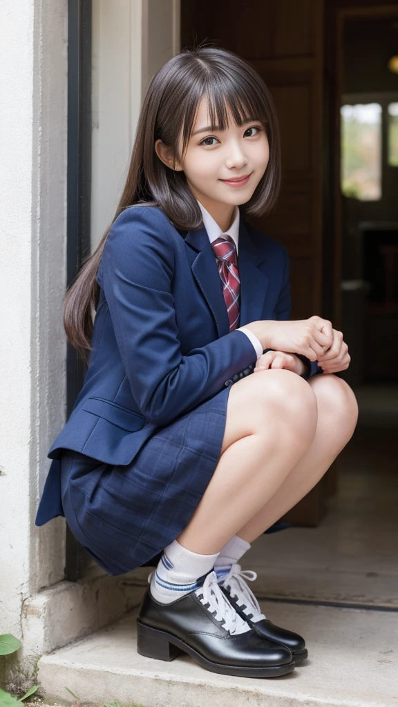 歩道でsquatかわいい18歳の女の子,Red Tie Uniform,Dark Blue Blazer,Blue checked mini skirt,bangs,A small smile,Thighs,knees,Random Pause，pretty girl，Slender girl，squat，
