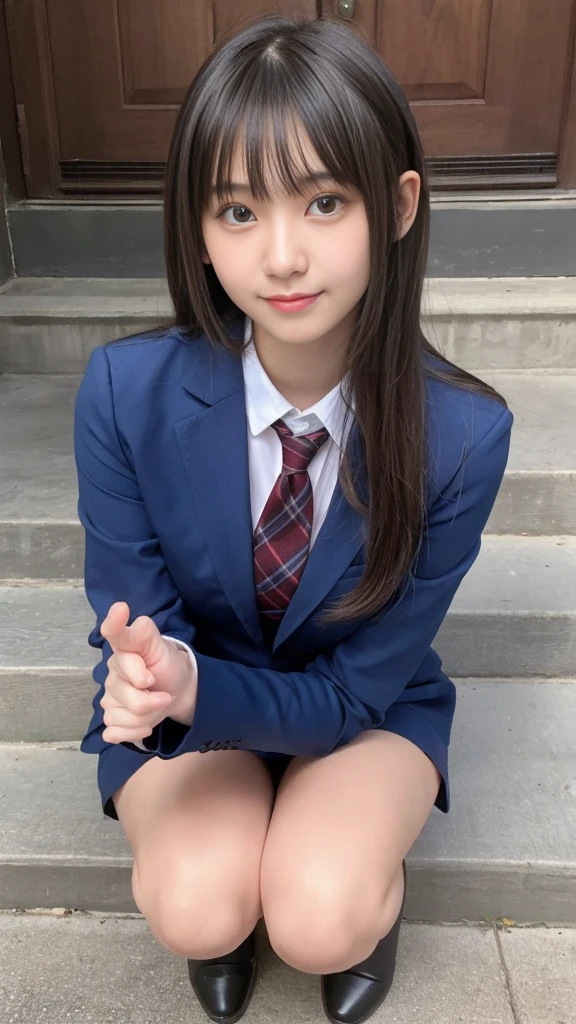 歩道でsquatかわいい18歳の女の子,Red Tie Uniform,Dark Blue Blazer,Blue checked mini skirt,bangs,A small smile,Thighs,knees,Random Pause,pretty girl,Slender girl,squat,