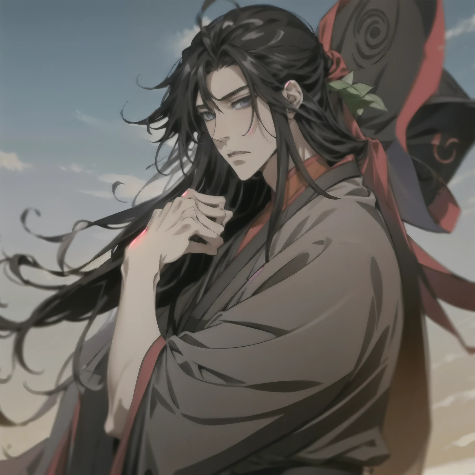 (masterpiece, best quality:1.2), 1male, solo, wei wuxian, mo dao zu shi, mdzs, black clothes, grey eyes, long black hair, perfect anatomy