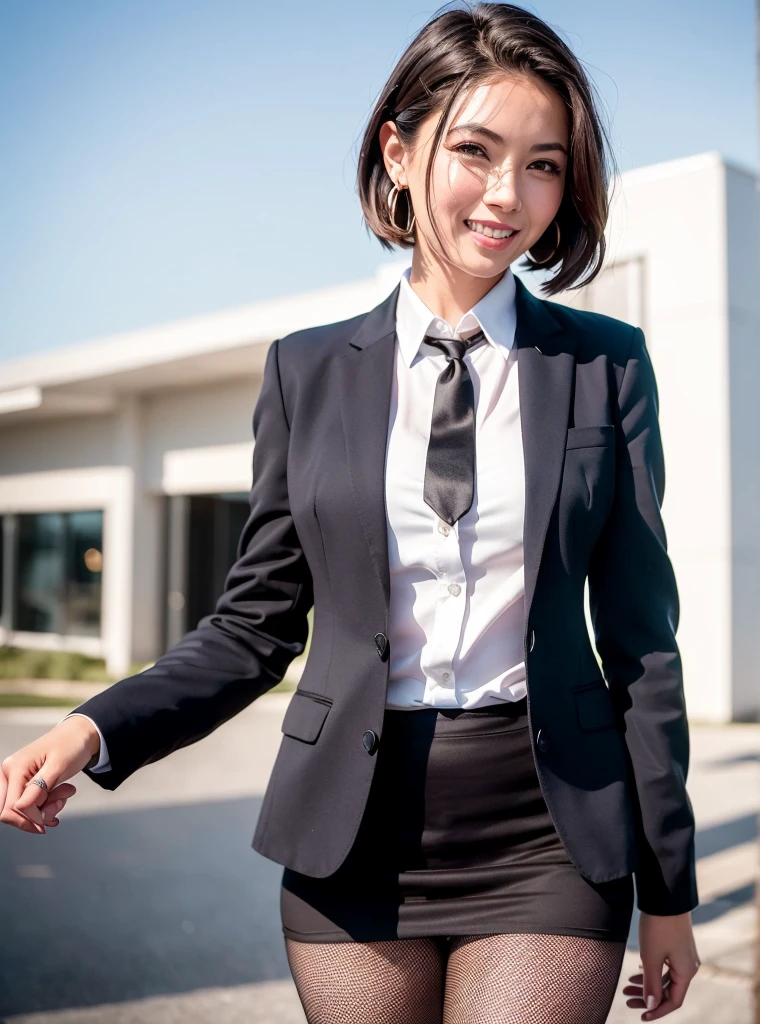 (8K, Highest quality, masterpiece:1.2),
(Realistic, photo-Realistic:1.37),
Super detailed,

1 Girl, whole body, Outdoor, (Style your hair:1.5)
office lady, black office blazer, Office Skirt, (pantyhose:1.2), (Short button-down shirt:1.2), Button-up collar prim, Button-down collar prim, good, (pantyhose:1.2), Alpha Layer, High heels,

Beautiful earrings,
cute,
alone,
Beautifully detailed skies,
(smile:1.15),
(Mouth closed),
Small breasts,
Beautiful attention to detail,
business suit,
(short hair:1.2),
Floating Hair NovaFrogStyle,