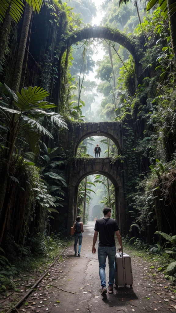 In the Amazon rainforest there is a portal and a man walks with his suitcase and viola towards the portal 1 he is dressed in jeans and a black t-shirt 