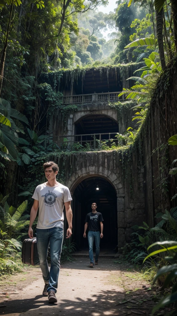 In the Amazon rainforest there is a portal and a man walks with his suitcase and viola towards the portal 1 he is dressed in jeans and a black t-shirt