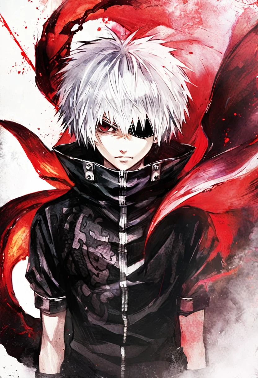 ```
Ken Kaneki, Tokyo Ghoul, white hair, black outfit, eyepatch, half-ghoul, serious expression, red kakugan eye, kagune tentacles, detailed face, high quality
```
