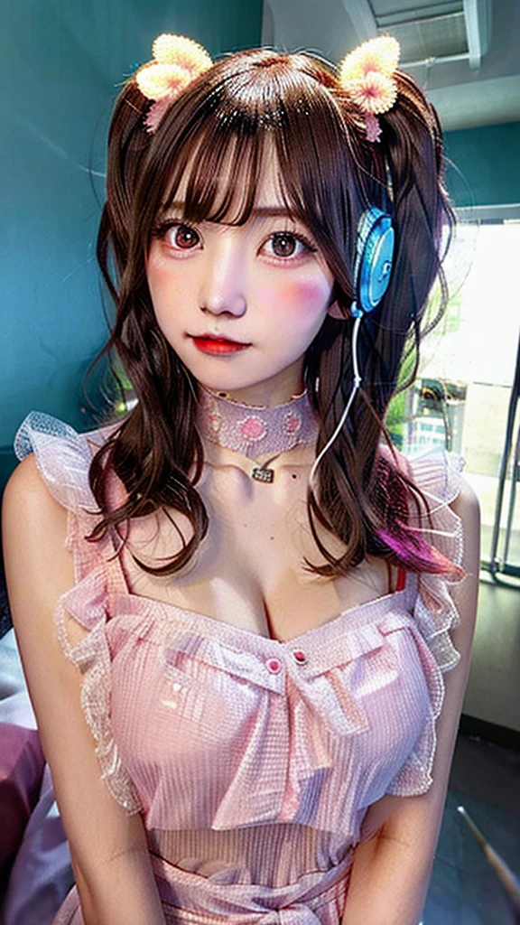 （（Highest quality））， （（masterpiece））， （detailed：1.4）， Images of beautiful cyberpunk women，Headphones、Heart-shaped choker、16 years old,　Hmph（High Dynamic Range），Ray Tracing，NVIDIA，Super Resolution，Fantasy 5，Scattered beneath the surface，PBR Textures，postprocessed，Anisotropic Filtering，Depth of written boundary，Maximum clarity and sharpnesultilayer Texture，Albedo and Specular Maps，Surface Shading，Accurate simulation of material interactions，Perfect balance，Rendering with Octane，Two-color light，Large diameter，Low ISO，White balance，Rule 3 points、8K raw data、Beautiful bright red eyes，Off-the-shoulder clothing，Great students，Delicate face and eyes，Long eyelashes，Blush Lash，Delicate and fluffy hair，Pink twin tails with light blue gradation，lip，Pure，Cute face，pretty girl，Artistic Sense，Casual wear，Advanced Senses、,　Beautiful hair accessories，Long hair and waist，Hair blowing in the wind，