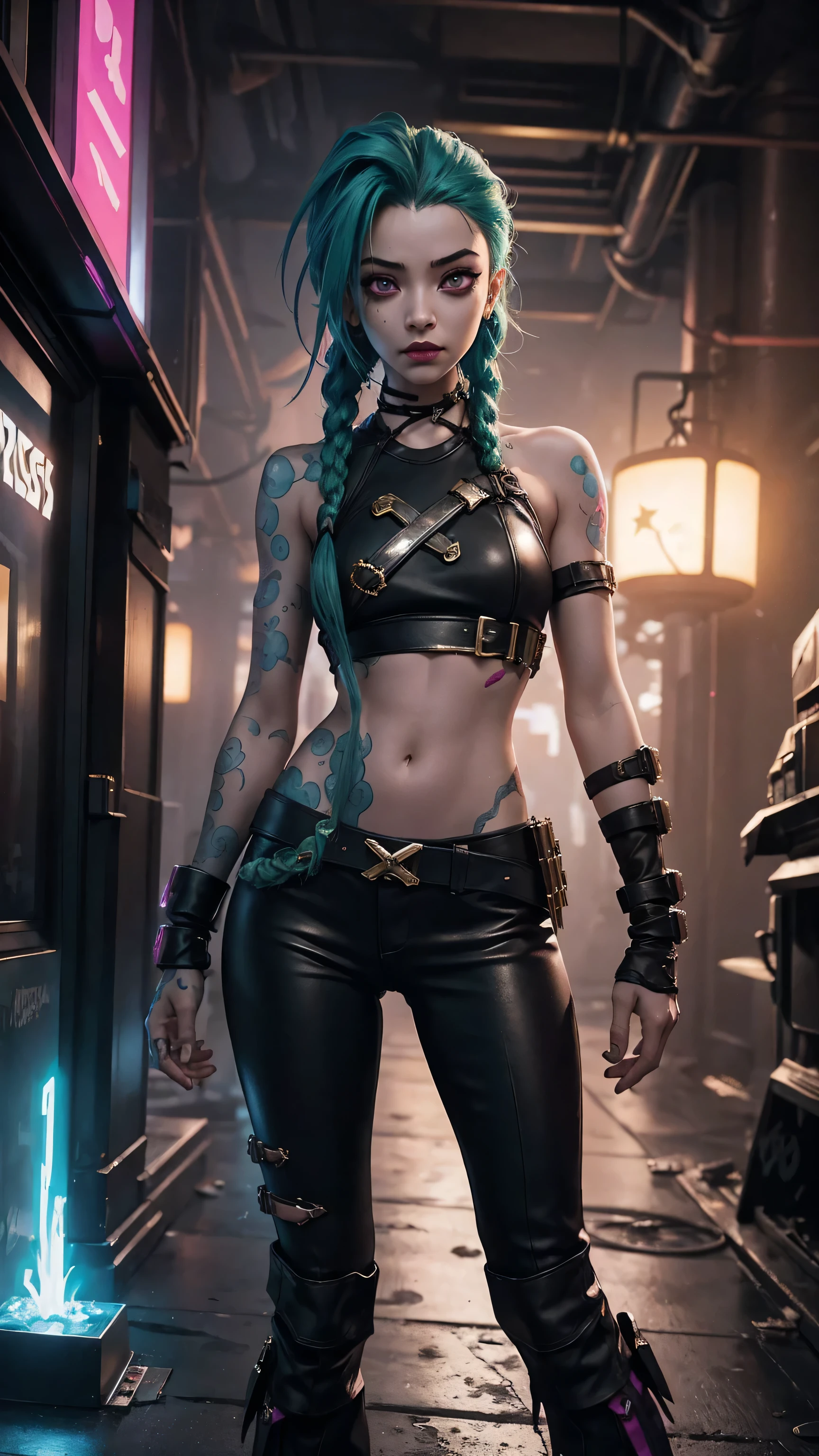 jinx arcane, uma mulher com hair green e tatuagens, cyberpunk woman anime woman, pants, 
Beautiful angry cyberpunk goddess, cyberpunk artstyle, cyberpunk anime digital art, cyberpunk anime art, Arcane Jinx Retrato, cyberpunk anime art, cyberpunk themed art, cyberpunk dark fantasy, arcane style, 
1 girl, stars tattoo on arm, asymmetrical bangs, bangss, hair green, green braids, brown shirt, stars tattoo, sideways, hair green, long hair, pink eyes, Red lips, 
standing , cloud tattoo, Twin braids. Arcane Jinx. Garota de hair green, garota de Twin braids, Jinx in a burning place, spark, spheres of light, Film Poster, Jinx, Arcane\(league of legends\