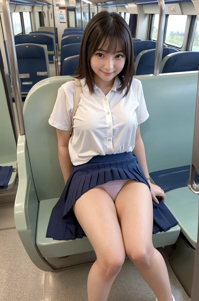 ((Highest quality)),  (detailed), 1 Japan, sexy、ass pov, school girl, in a train, sitting on a seat, (long seat:1.5), Beautiful Skin, Double eyelids, camel toe, navy pleated skirt, spread legs, (exposured panties:1.4), panty pull, blush, (smile:0.8), embarrassed, realistic