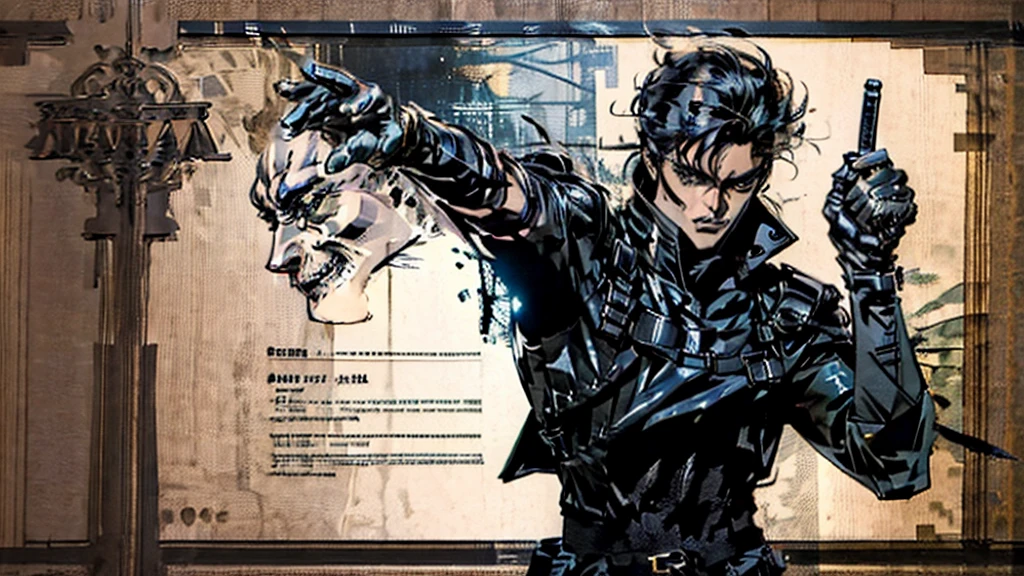 best quality, Masterpiece,Picture quality up to 8K, ภาพHigh quality,(((Masterpiece))), (((best quality))), Sharp picture, Awesome details,High quality,Masterpiece, Sharp facial details ,Face quality up to 8K,1 boy, alone, black hair, short hair, blue eyes, black shirt,black veil, handsome , metal cuff, black gloves, High Boots, Metal gloves, Medieval Theme, look at viewer, fantasy art, beautiful paintings, Guvaika style, Excellent and neat character art, Amazing characters, Fantasy Sword, (Reference documents:1.5), The system says congratulations on beating level 80 Trevion of Evil and gaining experience.. Level up to 25 and gain 10 stats., You have achieved the legendary initiation feat.