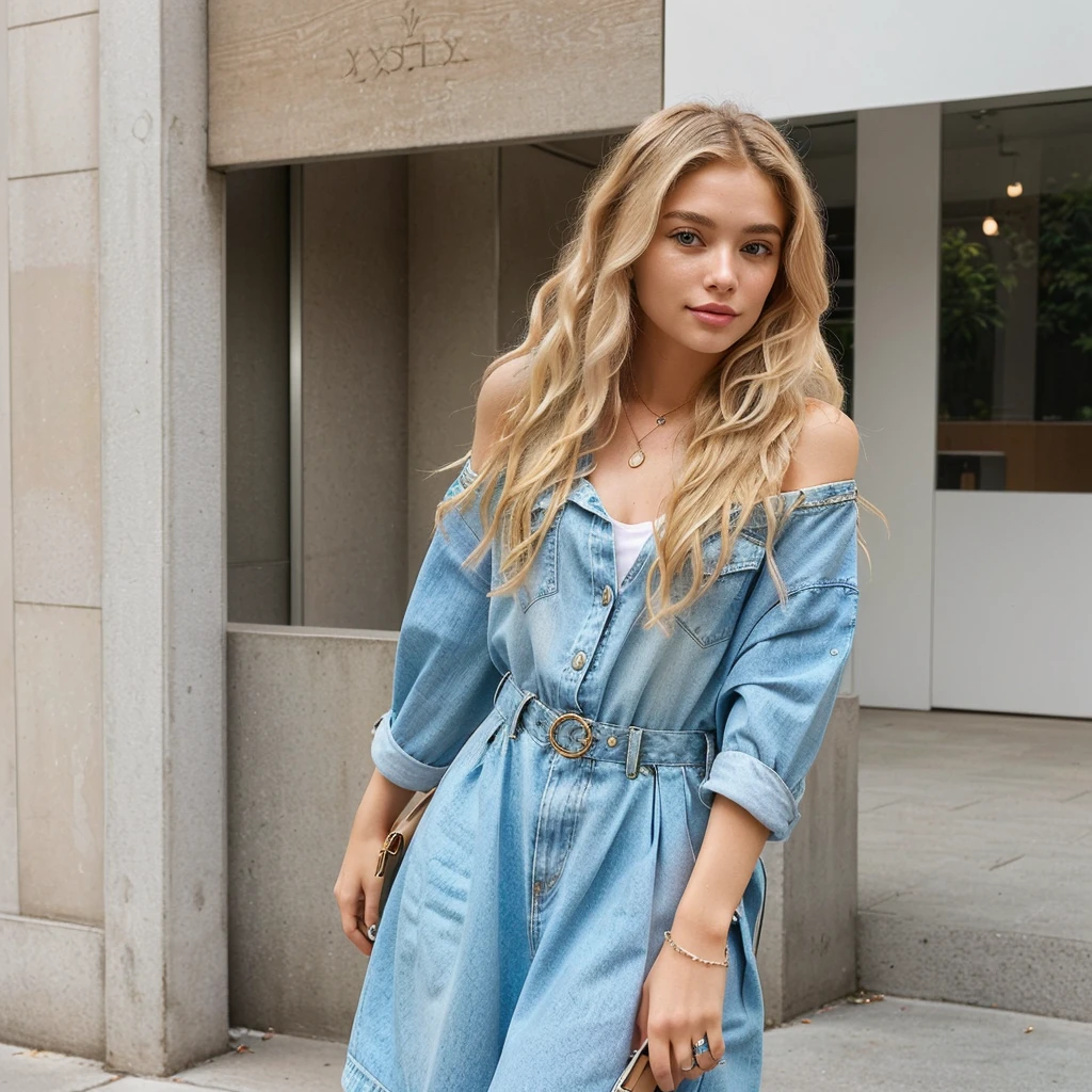 Design a female influencer who is blonde with wavy hair, AI that is beautiful, cute, and well dressed. Consider her style, Personalidade, and the type of content she creates. How she would express herself through fashion and appearance to resonate with her audience? What kind of clothing, colors, and accessories would best reflect her Personalidade and make her stand out?"