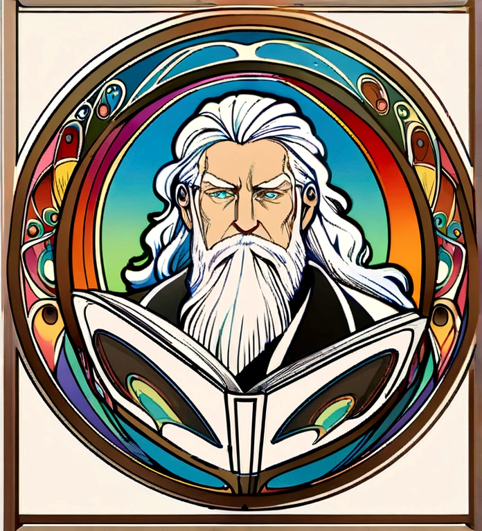 of a man in front of a court, with his head bowed, surrounded by two angels, one on his left and one on his right, in front of a judge with a beard and white hair, reading a large book, in his courtroom. realistic drawing, coloring book page, fully colored with stunning colors, no noise, clear lines, no shadows, contour art, on a pure white background, concept art, sharp focus, art nouveau on paper, illustration art, 4k