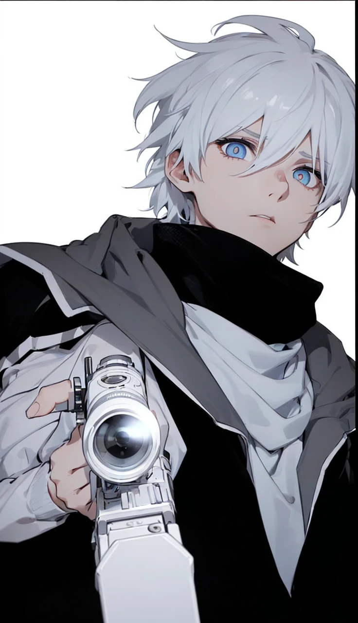 Boy with white hair;
shorth hair;
Messy hair;
eye white;
Some gun sight marks on the pupils;
wear black pants;
black jersey;
A white sweater;
A white scarf;
Snow white pupils The sniper is also white in color There's a white sniper on the back;
He is lying on the ground aiming with the sniper Right hands Symmetry Best quality No errors
Sniper na mão