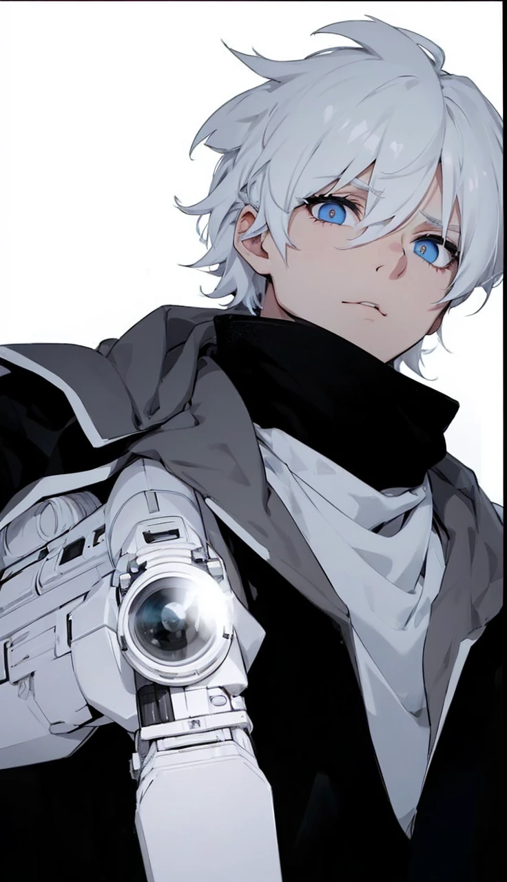 Boy with white hair;
shorth hair;
Messy hair;
eye white;
Some gun sight marks on the pupils;
wear black pants;
black jersey;
A white sweater;
A white scarf;
Snow white pupils The sniper is also white in color There&#39;s a white sniper on the back;


He is lying on the ground aiming with the sniper Right hands Symmetry Best quality No errors 

Sniper na mão 