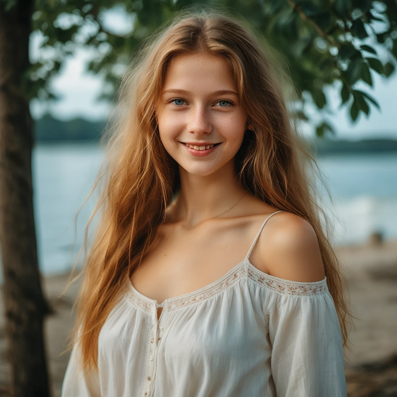 a 20-year-old Estonian woman smiling tenderly at the camera, delicate light eyes, porcelain soft skin, sweet and harmonious, sublime, with pubic hair sample.