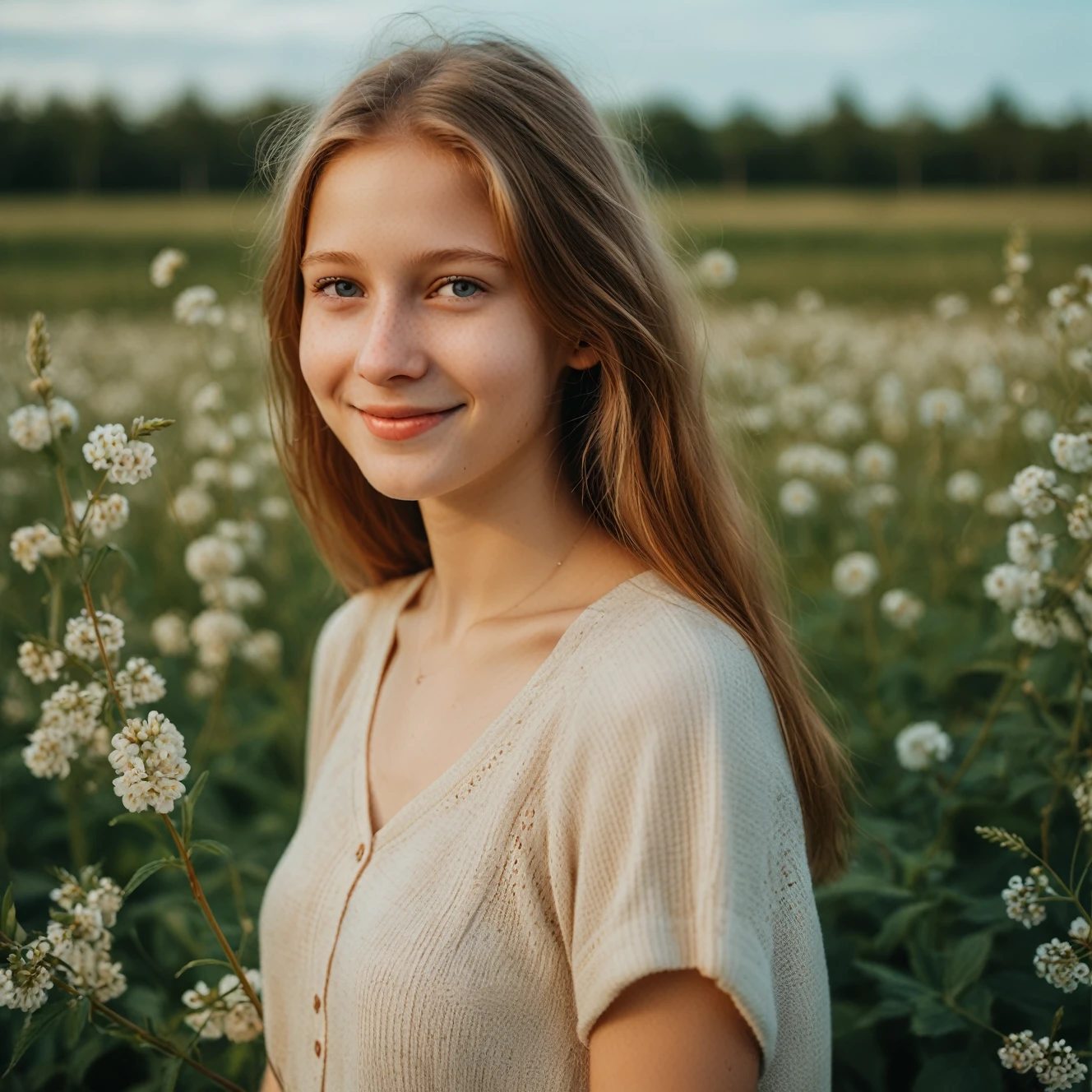 a 20-year-old Estonian woman smiling tenderly at the camera, delicate light eyes, porcelain soft skin, sweet and harmonious, sublime, with pubic hair sample.