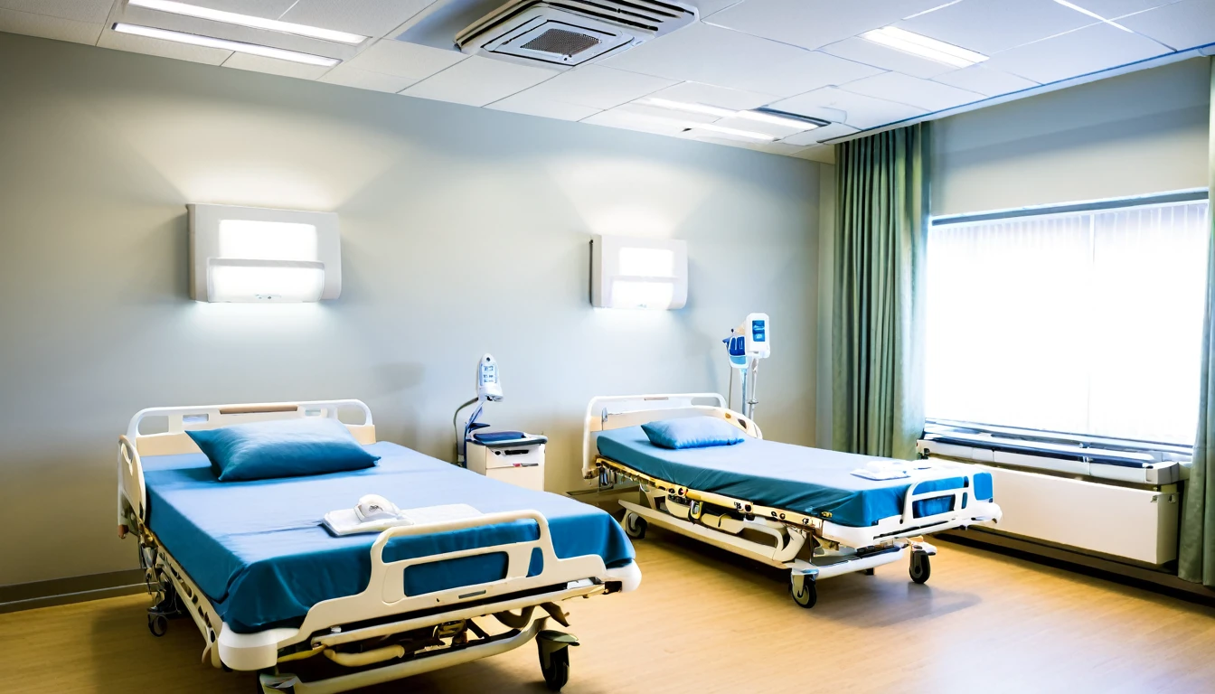 hospital bed, cozy, well-lit room, equipment on site