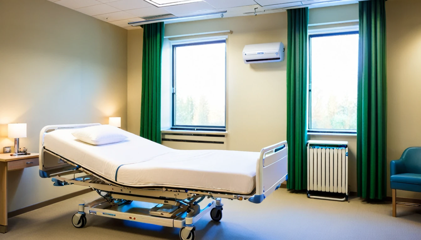 hospital bed, cozy, well-lit room, equipment on site
