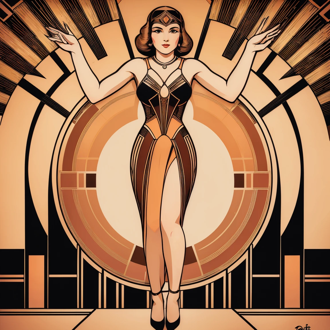 (art deco artist:1.3), brown and peach colors art design, ideal for stickers, t-shirts, posters, thick wide brush strokes