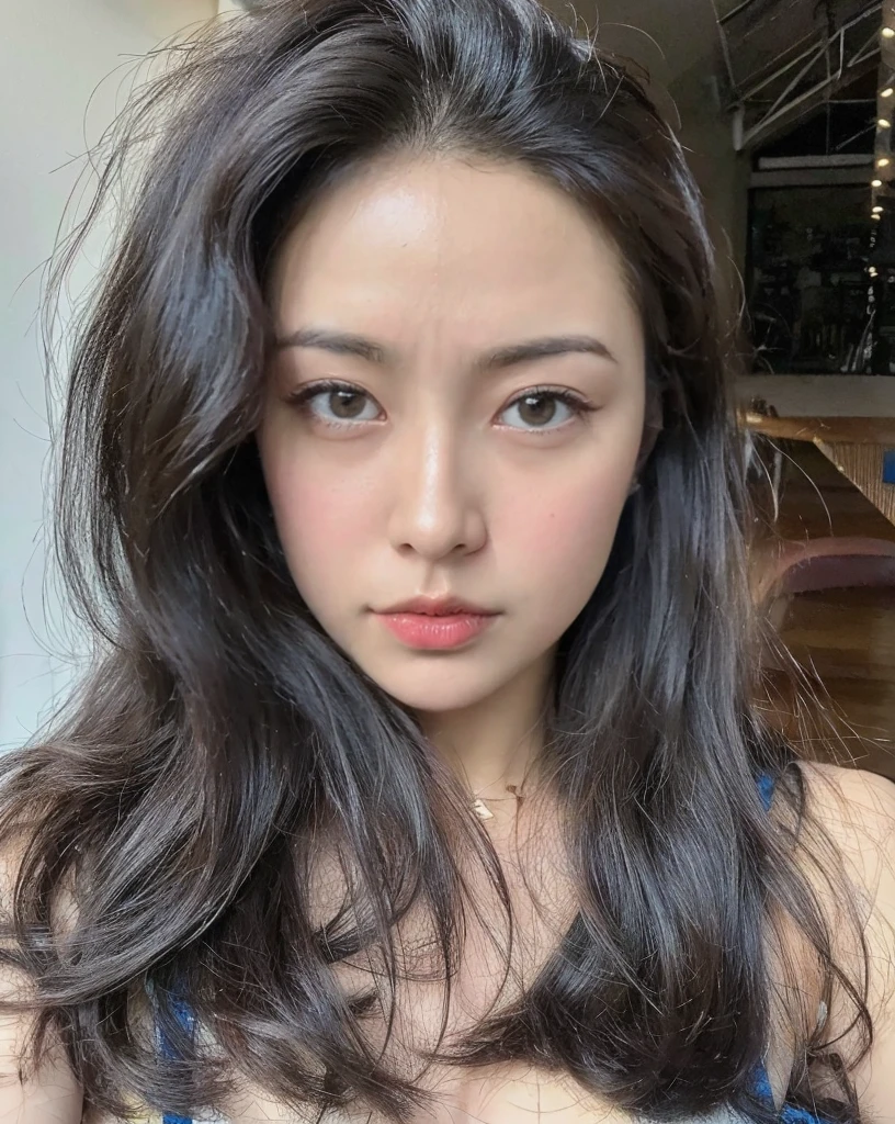 (best quality,8k,highres,masterpiece:1.2), realistic, photorealistic:1.37, UHD, studio lighting, sharp focus, extreme detail description, professional, vivid colors, bokeh, portraits, extremely detailed face texture, beautiful detailed eyes, beautiful detailed lips, extremely detailed hair, dark colored hair, youthful appearance, big round breast, cleavage, proportional eyes, seducing smile, clean and natural face, no makeup, bare face, indonesian face,