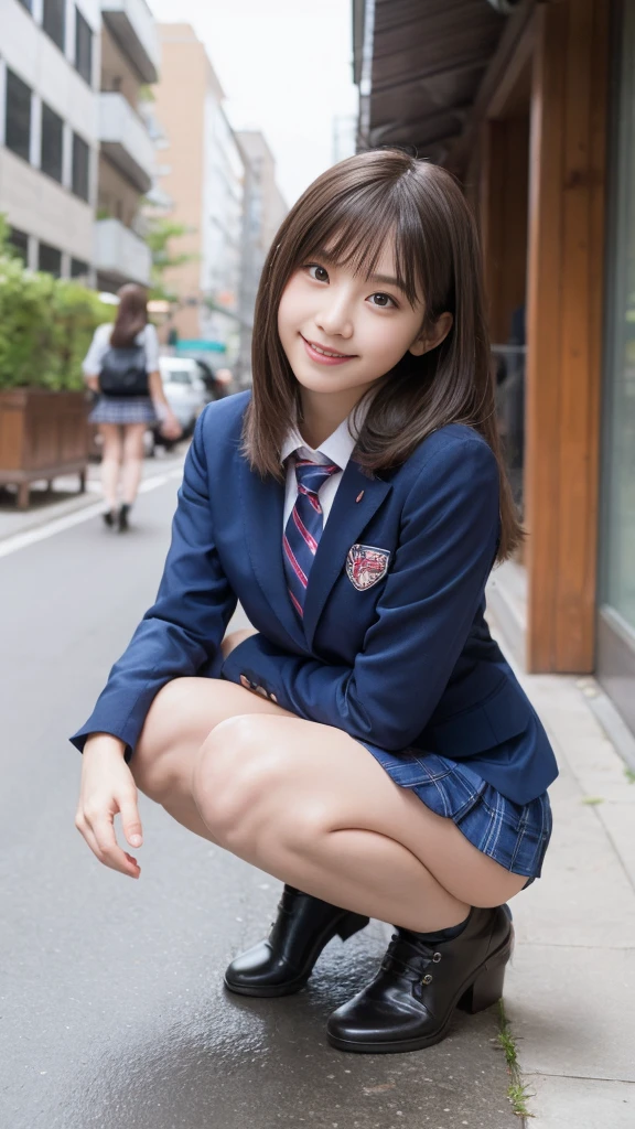 歩道でsquatpretty girl,Red Tie Uniform,Dark Blue Blazer,Blue checked mini skirt,18-year-old,bangs,A small smile,Thighs,knees,From below，Random Pause，pretty girl，Slender girl，squat，
