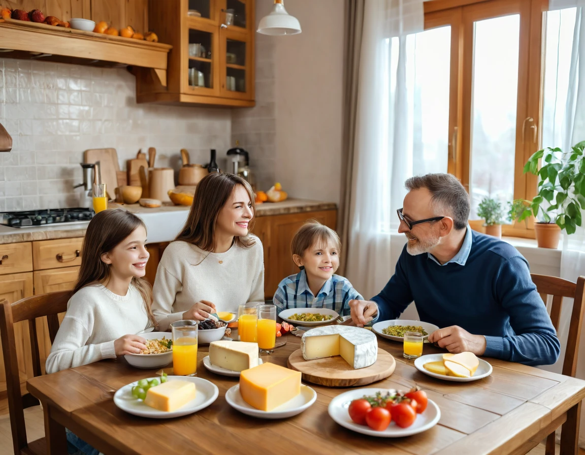 Family ((adult man and woman who are (over 45 years old)) and (( boy and girl (12 years sitting at the table with food, Eating cheese, Warm and happy atmosphere, Good morning, Family dinner, delicious, cheese on the table, Noon, realistic