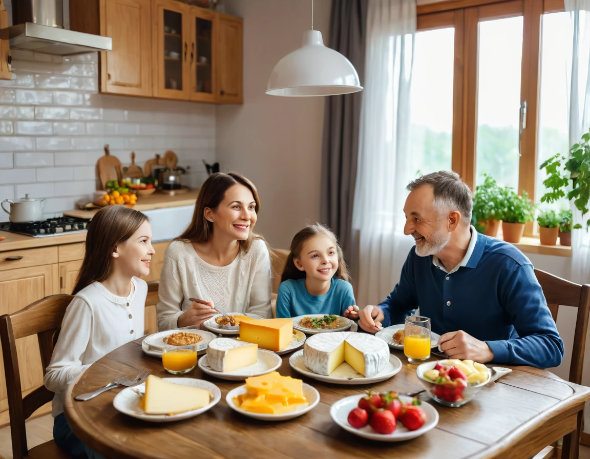 Family ((adult man and woman who are (over 45 years old)) and ((children boy and girl (12 years old each))) sitting at the table with food, Eating cheese, Warm and happy atmosphere, Good morning, Family dinner, delicious, cheese on the table, Noon, realistic