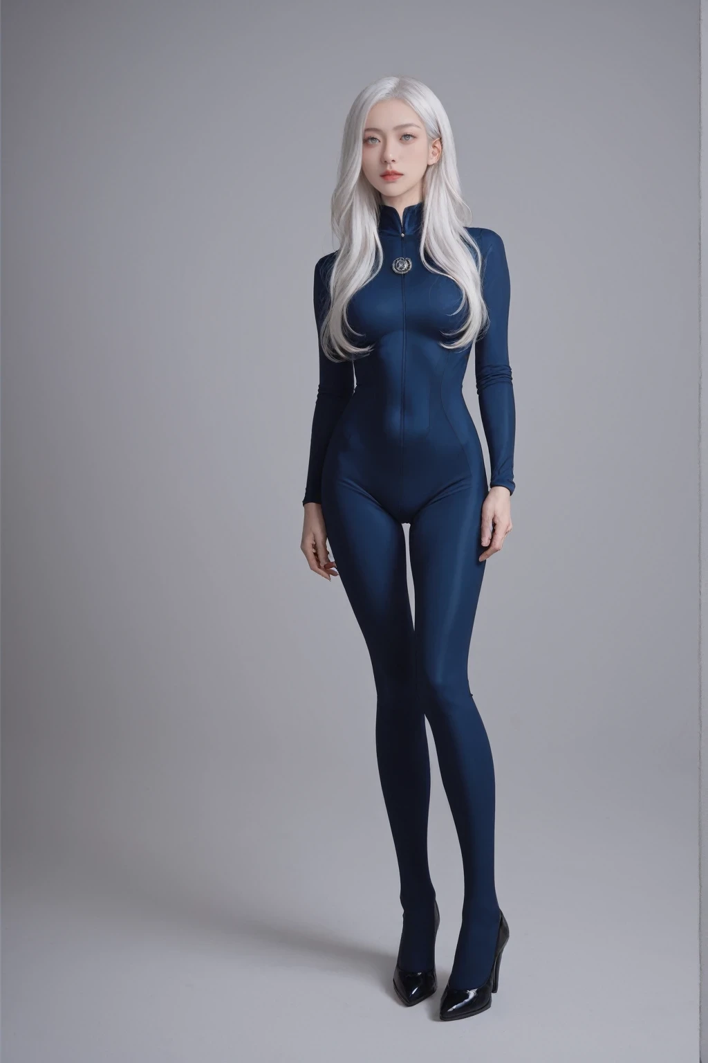 score_9, score_8_up, score_7_up, BREAK,
 Photorealistic, high resolution, 1 woman, full body, Beautiful eyes, Long hair, ringed eyes, white hair, jewelry, yui takamura, bodysuit