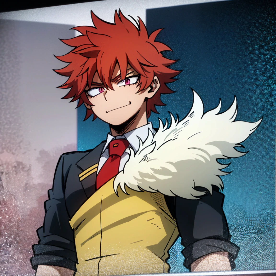 1boy, male focus, solo, muscular body, short hair, fluffy hair, red hair, golden streaks, magenta eyes, smirk, gray jacket, red tie, white shirt, teal pants, mlpsonata, MHA Style, Manhwa style, anime style, perfect eyes, perfect face, model face, boy