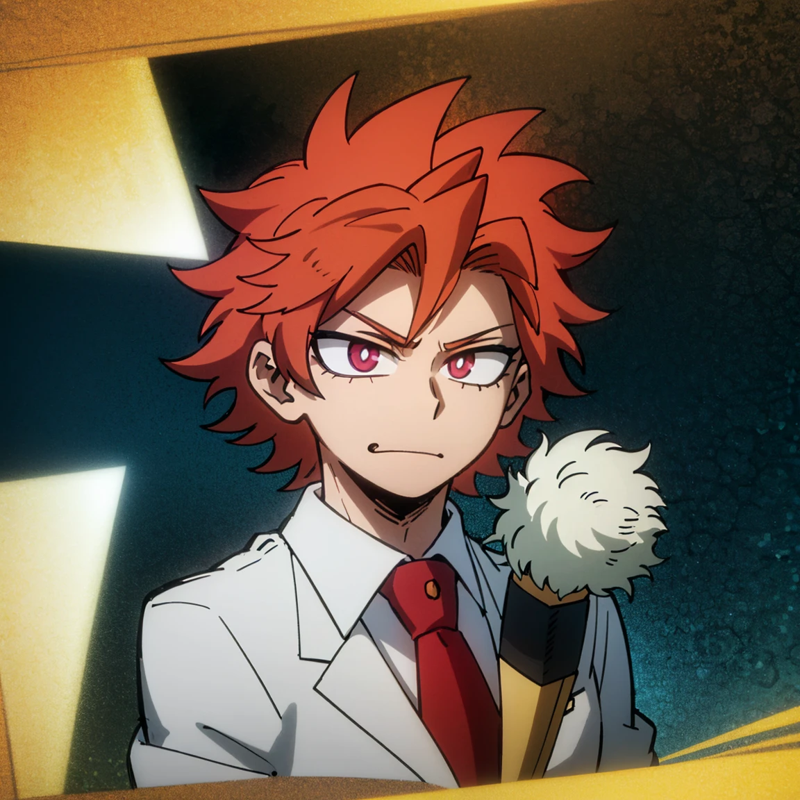 1boy, male focus, solo, muscular body, short hair, fluffy hair, red hair, golden streaks, magenta eyes, smirk, gray jacket, red tie, white shirt, teal pants, mlpsonata, MHA Style, Manhwa style, anime style, perfect eyes, perfect face, model face, boy