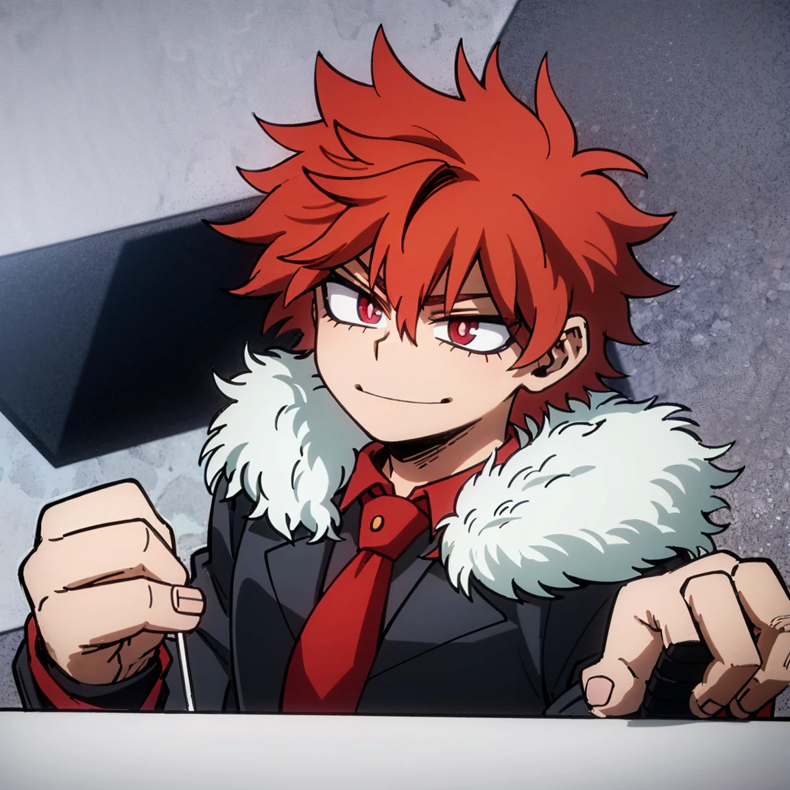 1boy, male focus, solo, muscular body, short hair, fluffy hair, red hair, golden streaks, magenta eyes, smirk, gray jacket, red tie, white shirt, teal pants, mlpsonata, MHA Style, Manhwa style, anime style, perfect eyes, perfect face, model face, boy