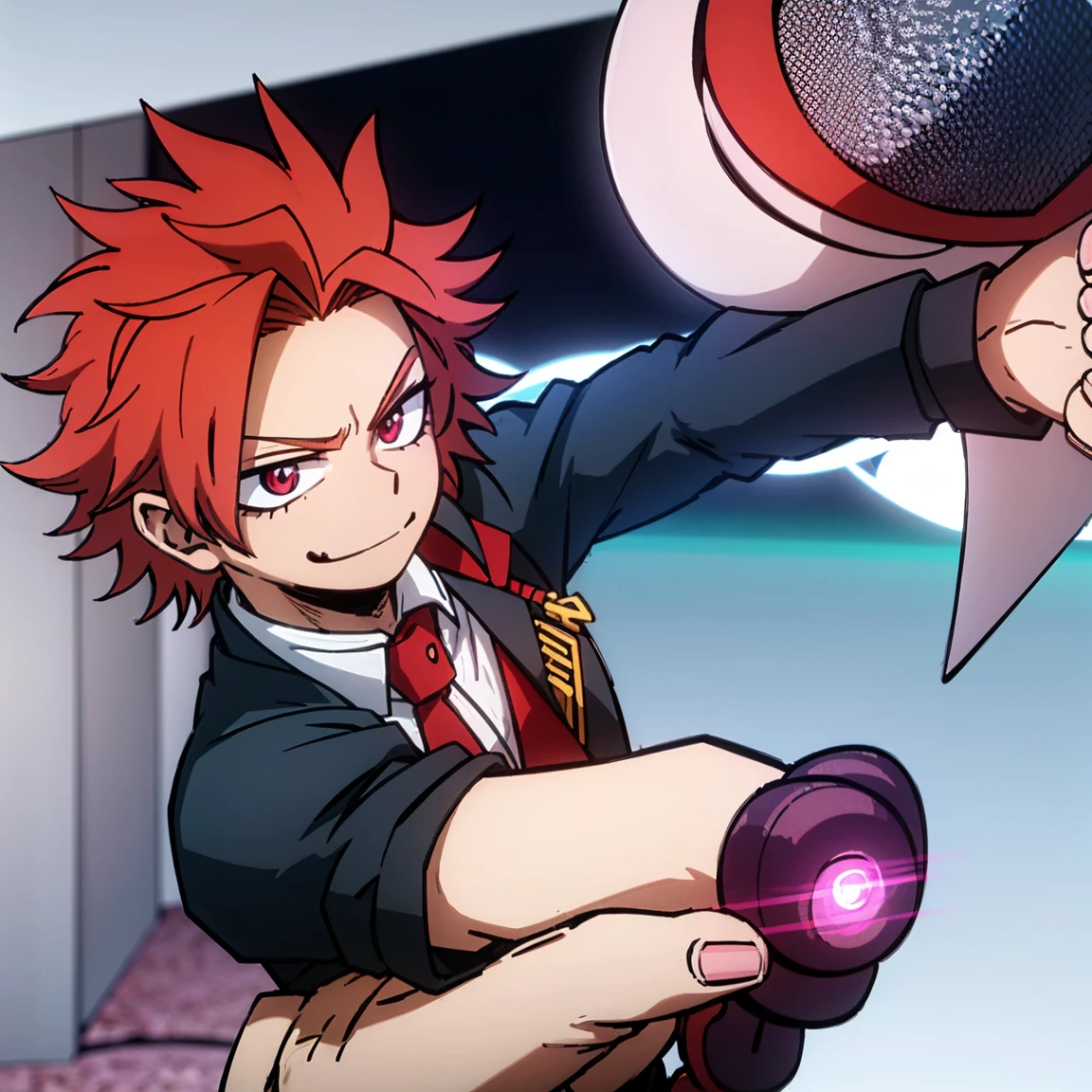 1boy, male focus, solo, muscular body, short hair, fluffy hair, red hair, golden streaks, magenta eyes, smirk, gray jacket, red tie, white shirt, teal pants, mlpsonata, MHA Style, Manhwa style, anime style, perfect eyes, perfect face, model face, boy