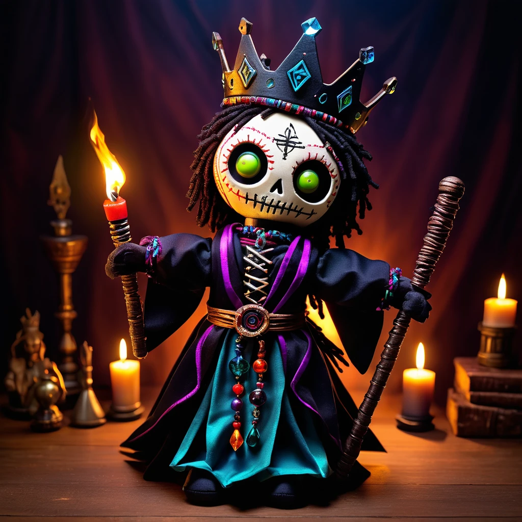 (knitted toy voodoo doll:1.7), (Voodoo Dark Magister:1.8), (Clothing: flowing dark robes with arcane symbols:1.0), (Accessories: enchanted scepter, glowing crystal, spectral crown:1.2), (Background: ancient ritual chamber with glowing runes, flickering torches, and swirling shadows:1.2), (full body:1.0), best quality, masterpiece, detailed soft oil painting, detailed background, dramatic cinematic lighting, soft edge lighting, professional, dramatic lighting, hard edge lighting, ultra quality, 4k, masterpiece, best quality, 8k, ultra high definition, high resolution, extremely detailed