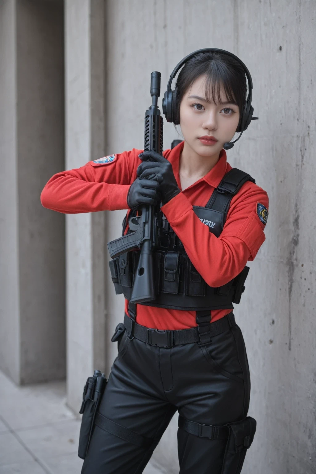 score_9, score_8_up, score_7_up, BREAK,
 ((Best Quality, 8K, Masterpiece: 1.3)), ((best quality)), photorealistic, photorealism, Photorealistic, high resolution, 1girl aiming with an  assault rifle, Combat pose, looking at the camera, (Detailed face), short hair, (wearing red rubber suit, tactical vests, military harness, black gloves, high-tech headset), cloths color based on black dark blue), revealed thigh, Gun, Fingers are occluded, concrete wall background,