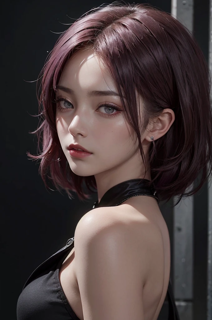 a 20 yo woman, red-purple hair, short hair, black eyes, pointed ears with earings, sheep horns, dark theme, soothing tones, muted colors, high contrast, (natural skin texture, hyperrealism, soft light, sharp)