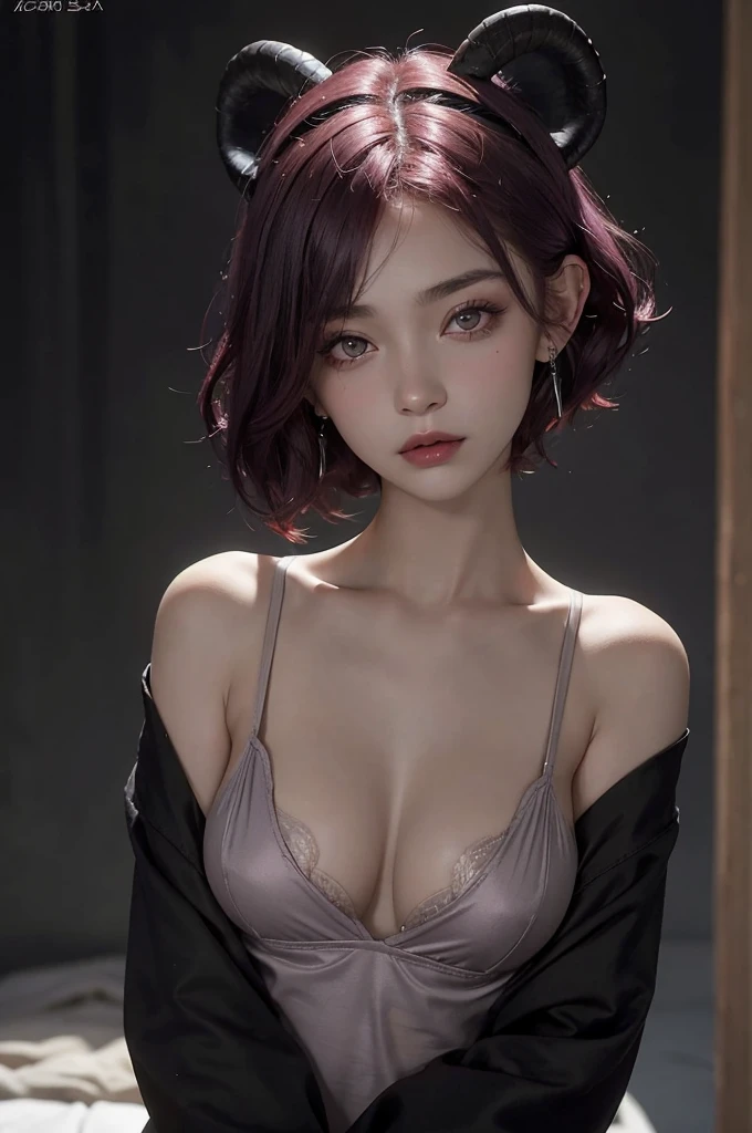 a 20 yo woman, red-purple hair, short hair, black eyes, pointed ears with earings, sheep horns, dark theme, soothing tones, muted colors, high contrast, (natural skin texture, hyperrealism, soft light, sharp)
