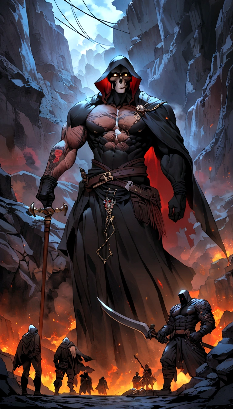 A photo of Reaper leading a discussion with other gang leaders in a secluded hideout,original,Jason “Reaper” Donovan was an imposing figure, measuring 6'5” with a muscular build, personifying the outlaw motorcyclist par excellence. His body was adorned with tattoos, each symbolizing a chapter of his turbulent life. A distinct scar running down his left cheek and cold, Piercing eyes added to his intimidating presence. Reaper is robust, Worn features spoke of a life lived on the edge, very far from ordinary society., mascle