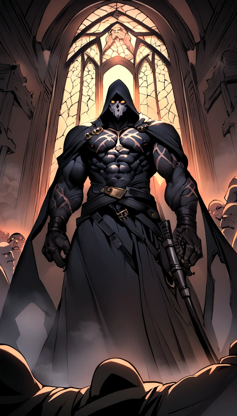 A photo of Reaper leading a discussion with other gang leaders in a secluded hideout,original,Jason “Reaper” Donovan was an imposing figure, measuring 6'5” with a muscular build, personifying the outlaw motorcyclist par excellence. His body was adorned with tattoos, each symbolizing a chapter of his turbulent life. A distinct scar running down his left cheek and cold, Piercing eyes added to his intimidating presence. Reaper is robust, Worn features spoke of a life lived on the edge, very far from ordinary society., mascle