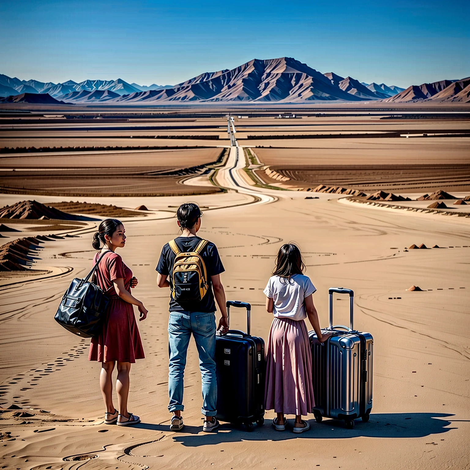 large group of people immigrating from a region... arid place, seco, people with suitcases, bags, among the people many women and children - air of desolation 