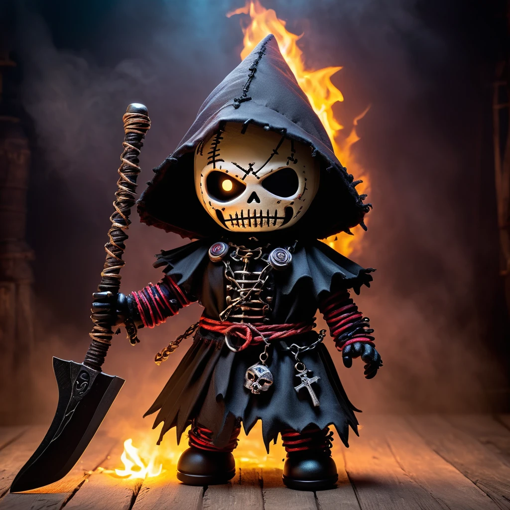 (knitted toy voodoo doll:1.7), (Voodoo Cursed Executioner:1.8), (Clothing: tattered executioner’s hood and cloak:1.0), (Accessories: rusted axe, glowing chains, spectral aura:1.2), (Background: dark dungeon with flickering torches, eerie mist, and ancient torture devices:1.2), (full body:1.0), best quality, masterpiece, detailed soft oil painting, detailed background, dramatic cinematic lighting, soft edge lighting, professional, dramatic lighting, hard edge lighting, ultra quality, 4k, masterpiece, best quality, 8k, ultra high definition, high resolution, extremely detailed