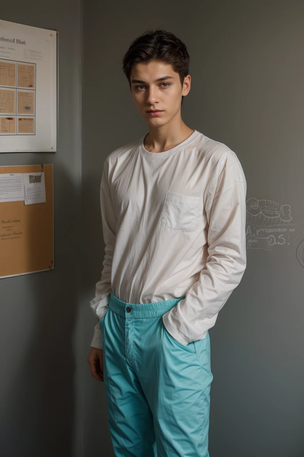 A beautiful young male twink, cute, with black hair and a face with reddish makeup, wearing a bright white long-sleeved shirt and aqua blue pants, and he is in his office, and behind him is a blackboard on which is written the shape of the brain and its anatomy, and nuclear energy comes out of it, and he has an innocent face with makeup.  And red cheeks.
