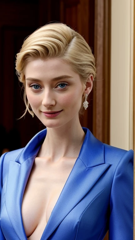 Elizabeth Debicki dressed in elegant clothes with a sexy smile