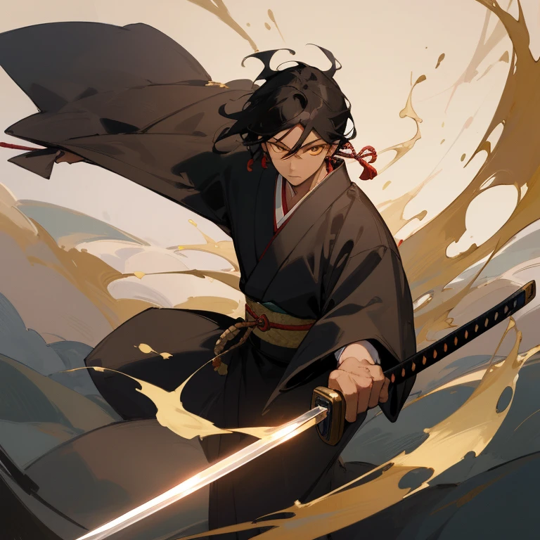 ((Highest quality)), ((masterpiece)), (Familiar),One man,Brown Skin,whole body,Black Hair,Golden eyes,Black kimono,Japanese sword,