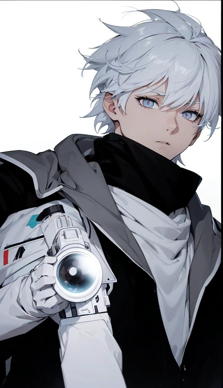 Boy with white hair;
shorth hair;
Messy hair;
eye white;
Some gun sight marks on the pupils;
wear black pants;
black jersey;
A white sweater;
A white scarf;
Snow white pupils The sniper is also white in color There's a white sniper on the back;
He is lying on the ground aiming with the sniper Right hands Symmetry Best quality No errors
Sniper na mão