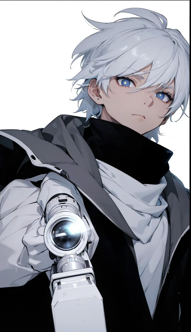 Boy with white hair;
shorth hair;
Messy hair;
eye white;
Some gun sight marks on the pupils;
wear black pants;
black jersey;
A white sweater;
A white scarf;
Snow white pupils The sniper is also white in color There&#39;s a white sniper on the back;


He is lying on the ground aiming with the sniper Right hands Symmetry Best quality No errors 

Sniper na mão 