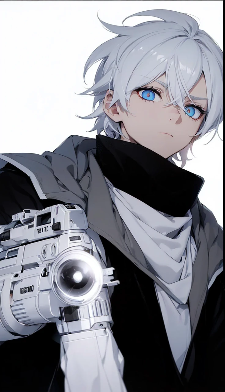 Boy with white hair;
shorth hair;
Messy hair;
eye white;
Some gun sight marks on the pupils;
wear black pants;
black jersey;
A white sweater;
A white scarf;
Snow white pupils The sniper is also white in color There's a white sniper on the back;
He is lying on the ground aiming with the sniper Right hands Symmetry Best quality No errors
Sniper na mão