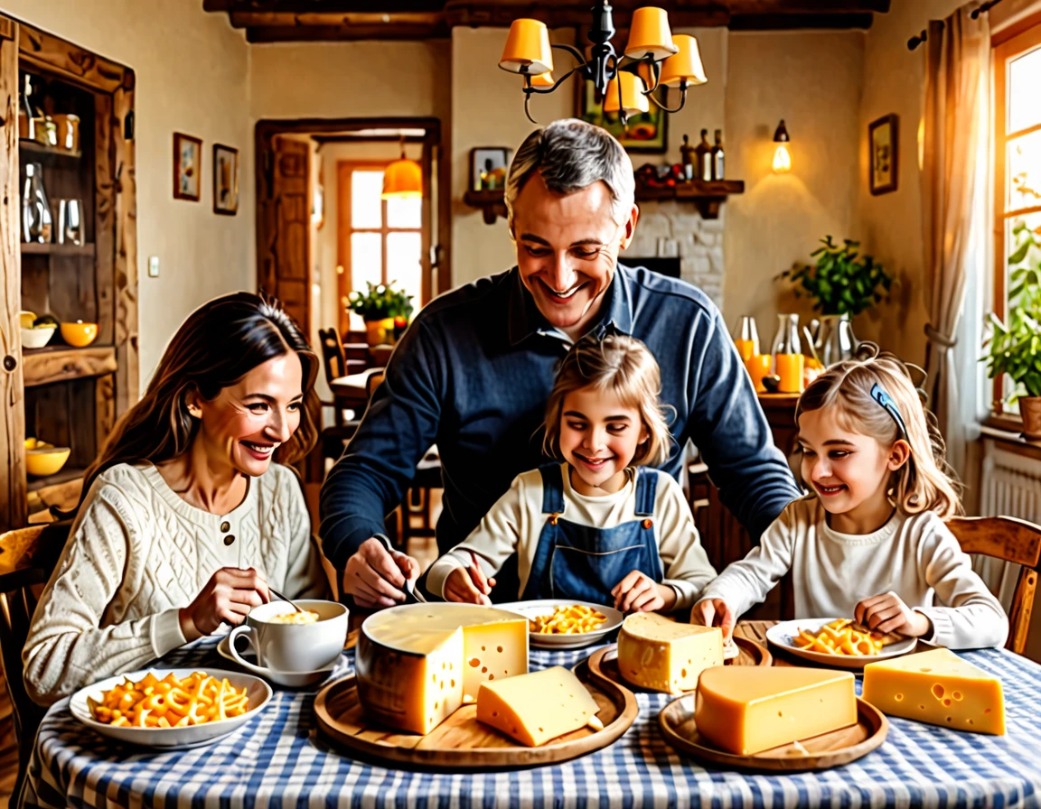 Family ((adult man and woman who are (over 45 years old)) and ((children boy and girl (12 years old each))) sitting at the table with food, Eating cheese, Warm and happy atmosphere, Good morning, Family dinner, delicious, cheese on the table, Noon, realistic