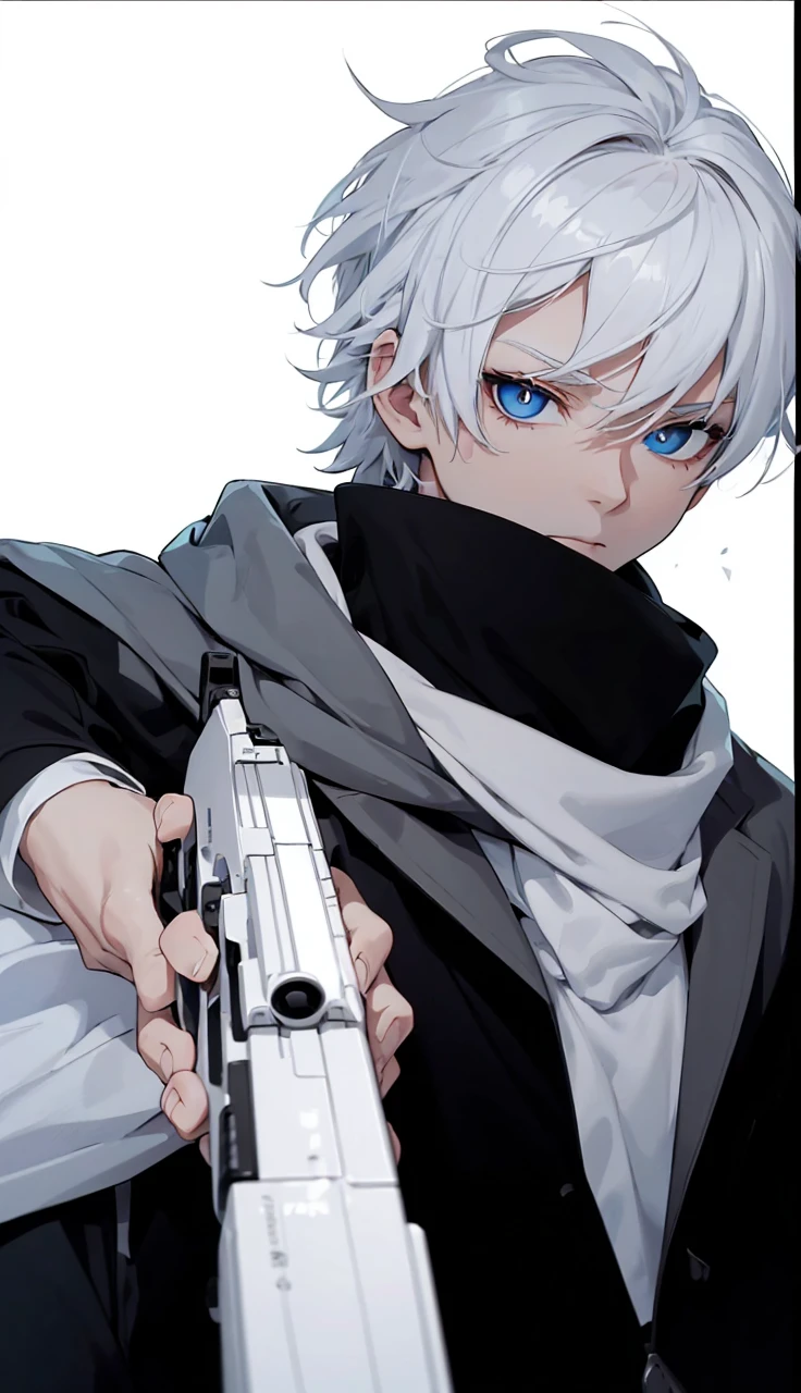 Boy with white hair;
shorth hair;
Messy hair;
eye white;
Some gun sight marks on the pupils;
wear black pants;
black jersey;
A white sweater;
A white scarf;
Snow white pupils The sniper is also white in color There's a white sniper on the back;
He is lying on the ground aiming with the sniper Right hands Symmetry Best quality No errors
Sniper na mão