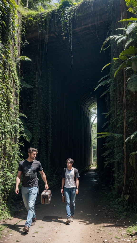 In the Amazon rainforest there is a portal like a time portal and a man walks with his suitcase and viola towards the portal 1 he is dressed in jeans and a black t-shirt